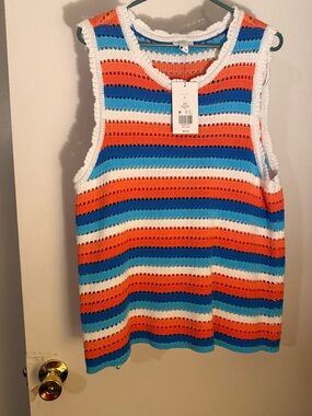 Crown and ivy Striped Crochet Tank Top - Orange, Blue & White